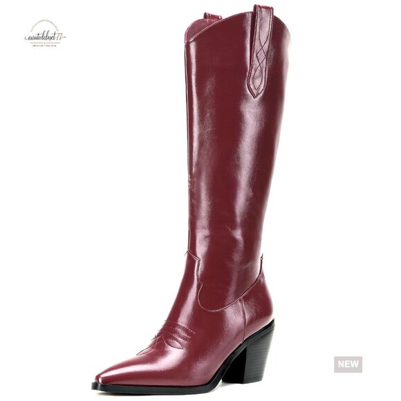 Shoes - Women's Knee High Cowboy Boots Chunky Heel Side Zipper Western Style